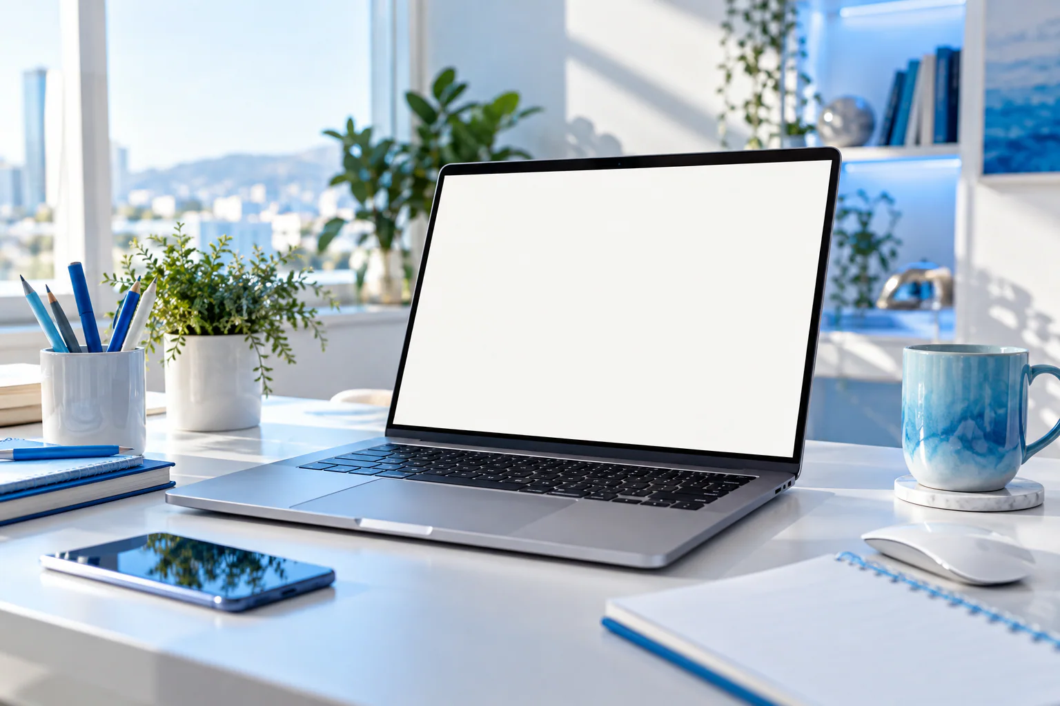 Laptop open on a bright desk