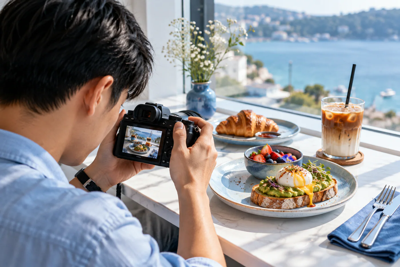 Creator photographing brunch by the sea