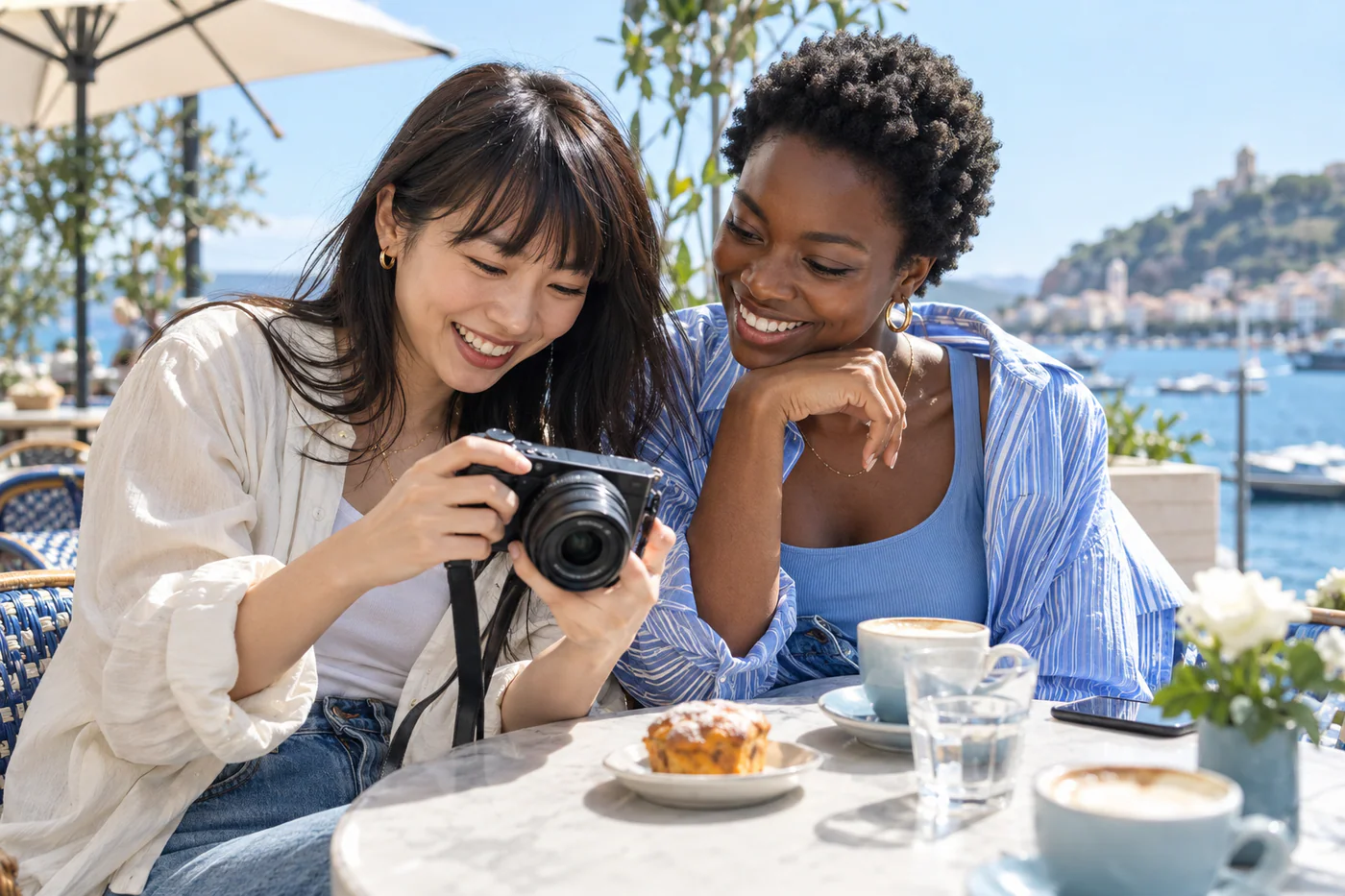 Two creators reviewing shots on a camera at a café