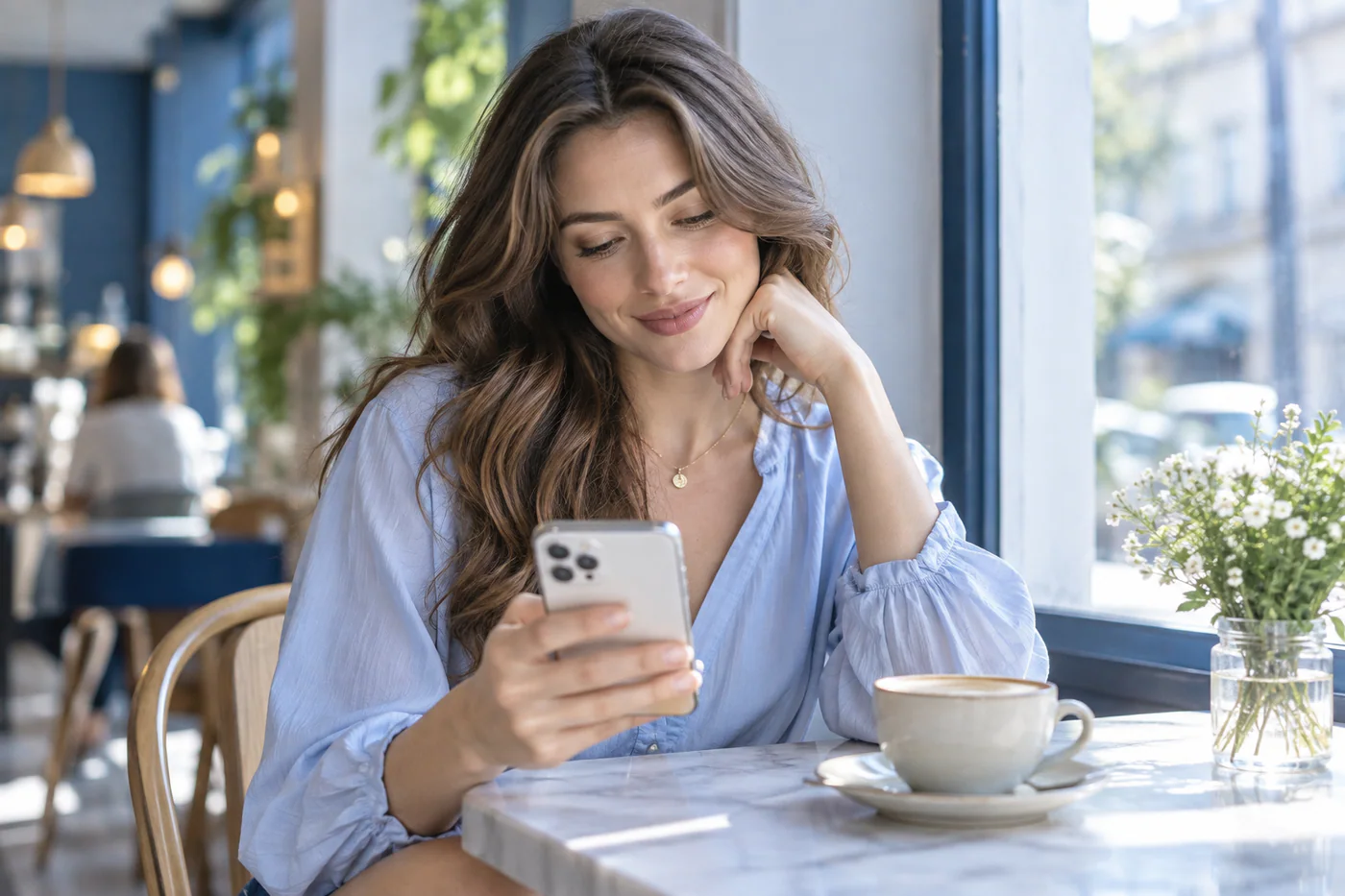 Creator copying a video link on her phone in a café