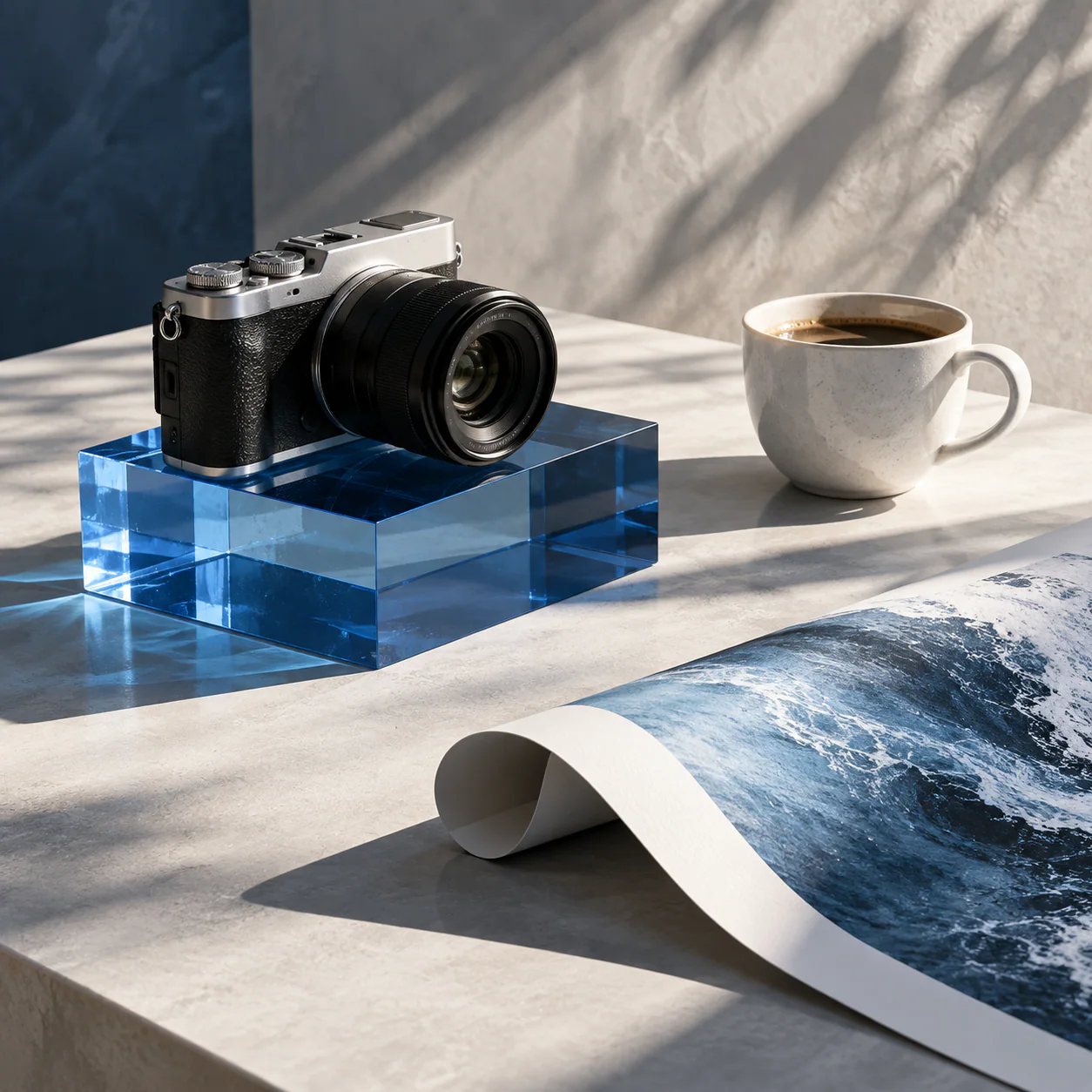Camera resting on a stone block beside a coffee