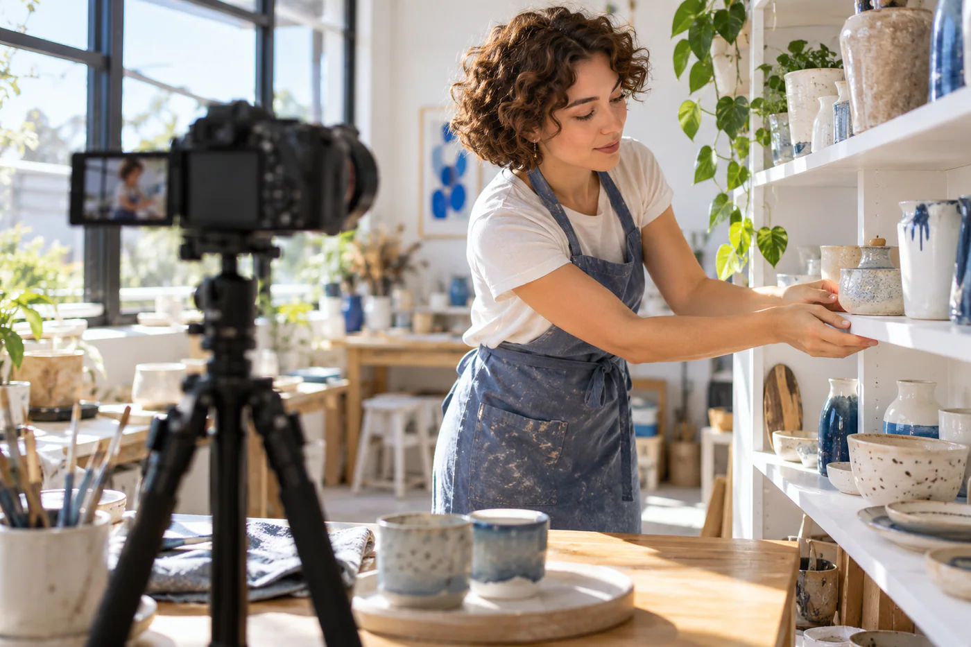 Ceramicist filming the pieces on her studio shelf