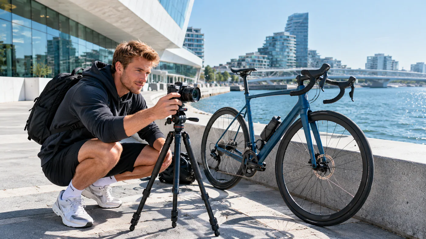 Creator setting up a camera beside a road bike