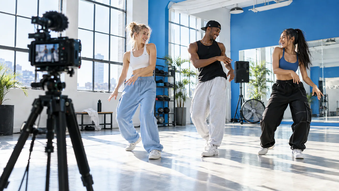Dancers filming a routine in a studio