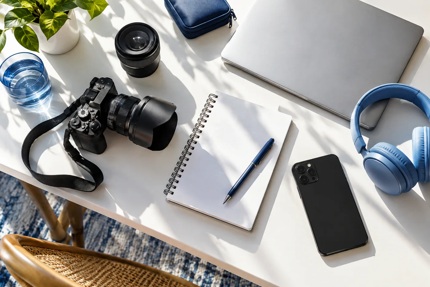 Creator desk with a camera, notebook and phone