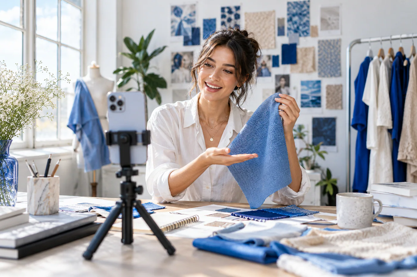 Creator photographing fabric for her Instagram profile
