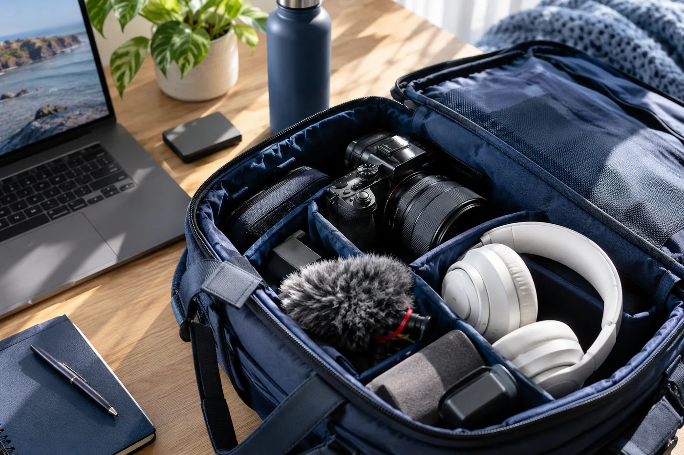 Camera bag packed with creator gear
