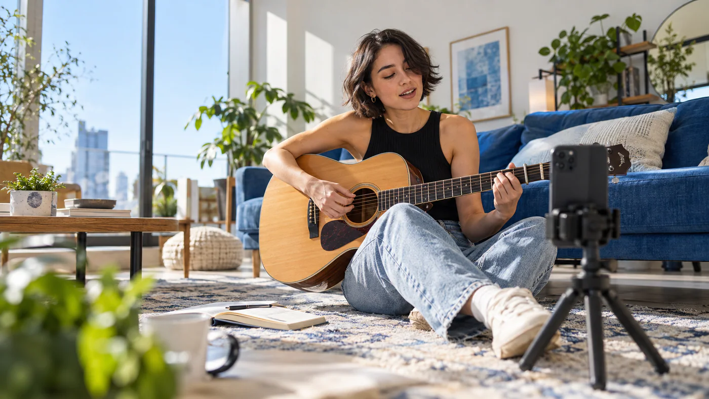 Musician recording a guitar session on a phone