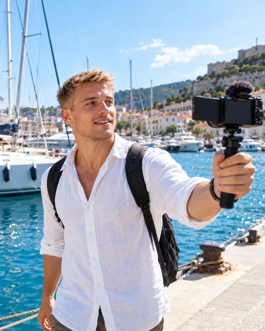Creator vlogging with a camera at a harbour