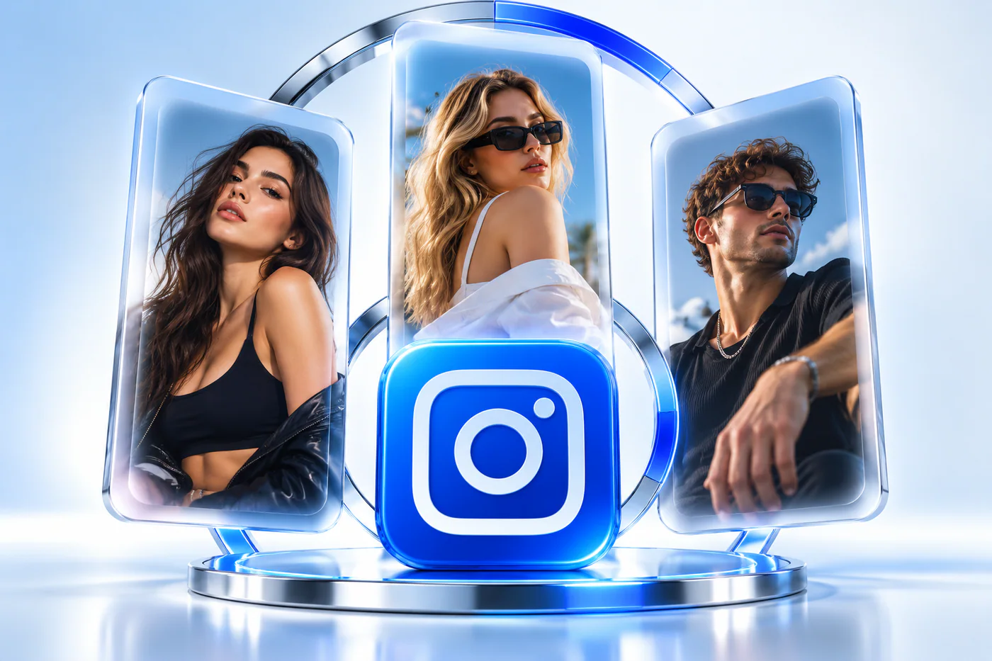 Creator portraits arranged around the Instagram logo