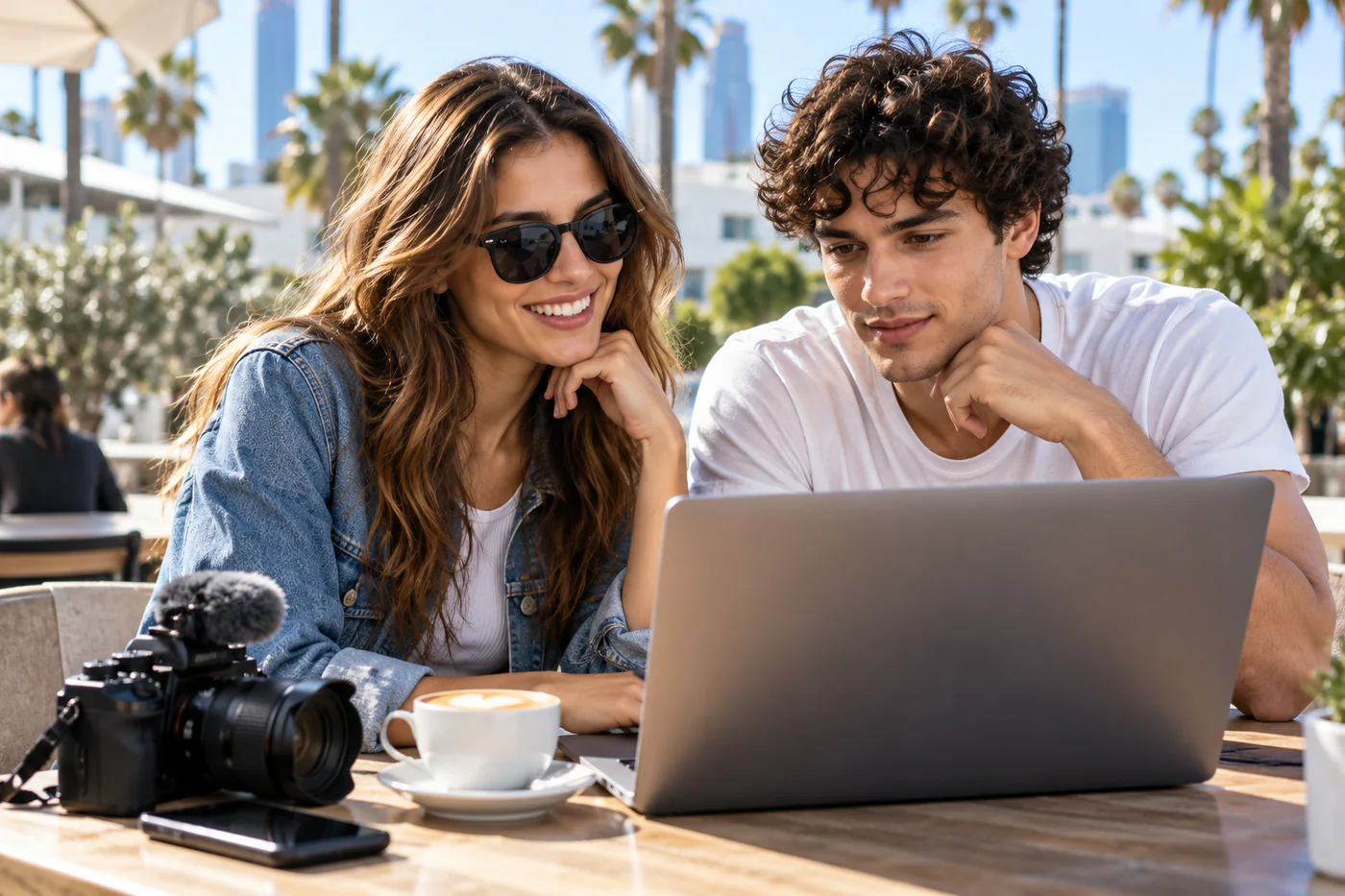 Two creators comparing options on a laptop at a café