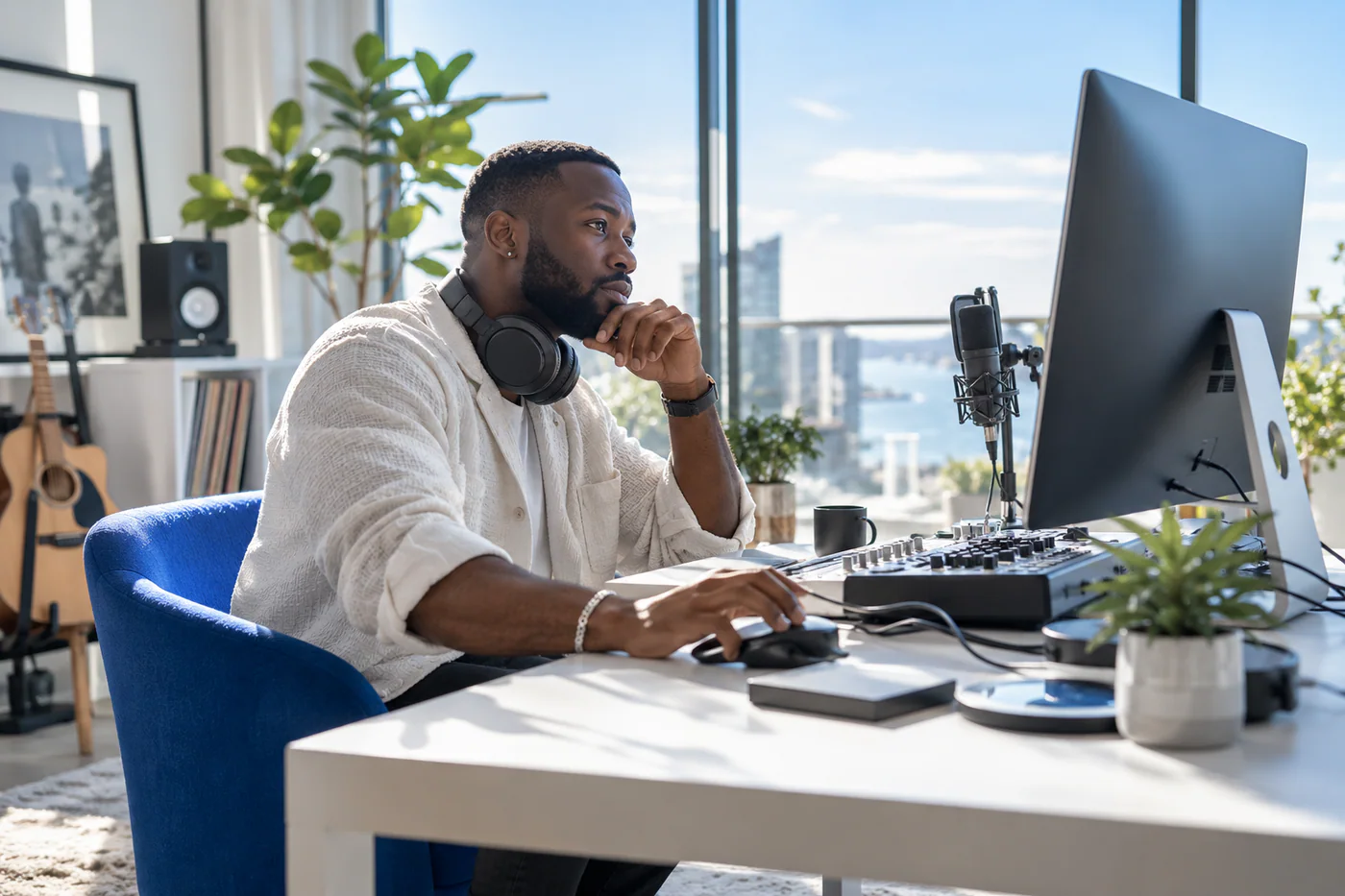 Creator reviewing a project at his studio desk