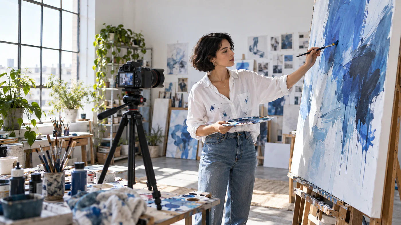 Artist painting on camera in a sunlit studio