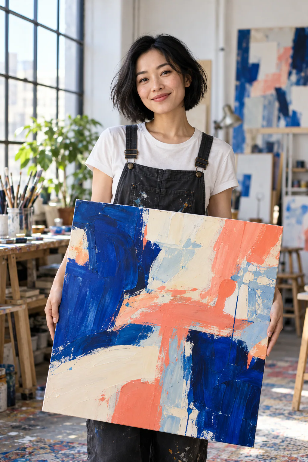 Artist recording an Instagram Story in her studio