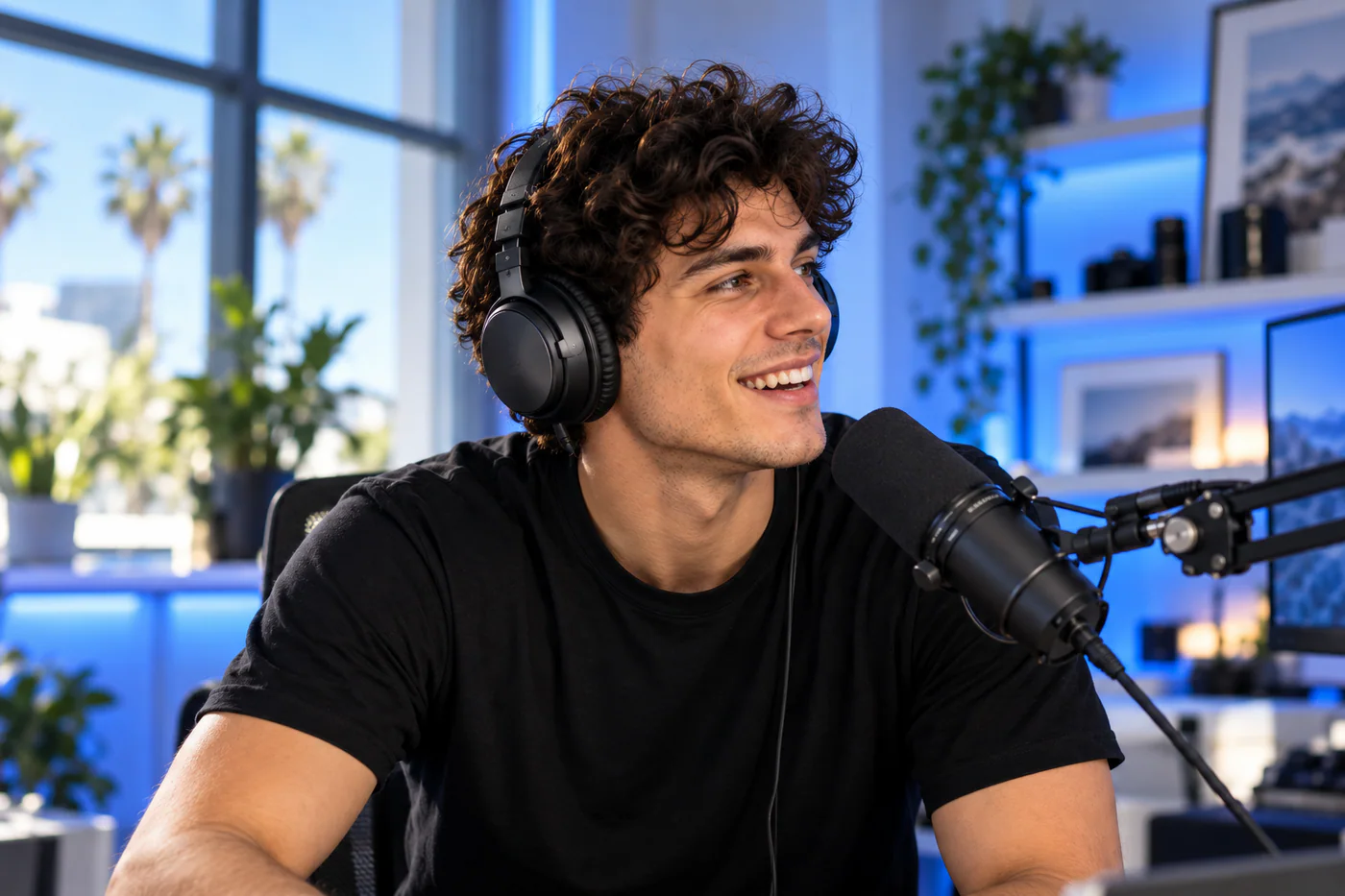 Creator recording a podcast at his desk