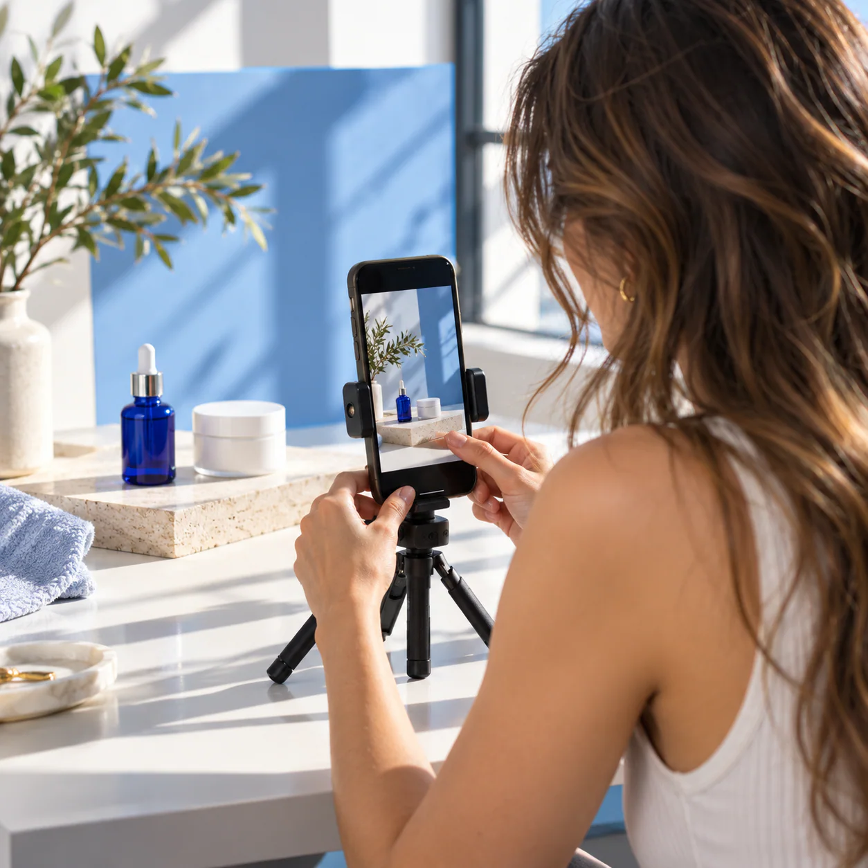 Creator framing a product shot on a phone tripod