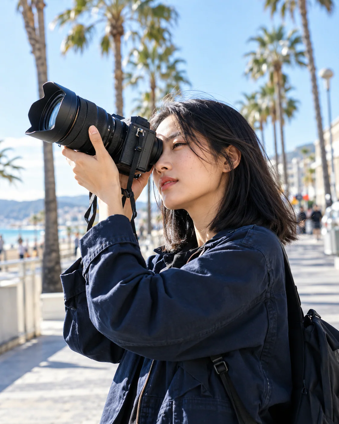 Creator photographing the seafront with a camera