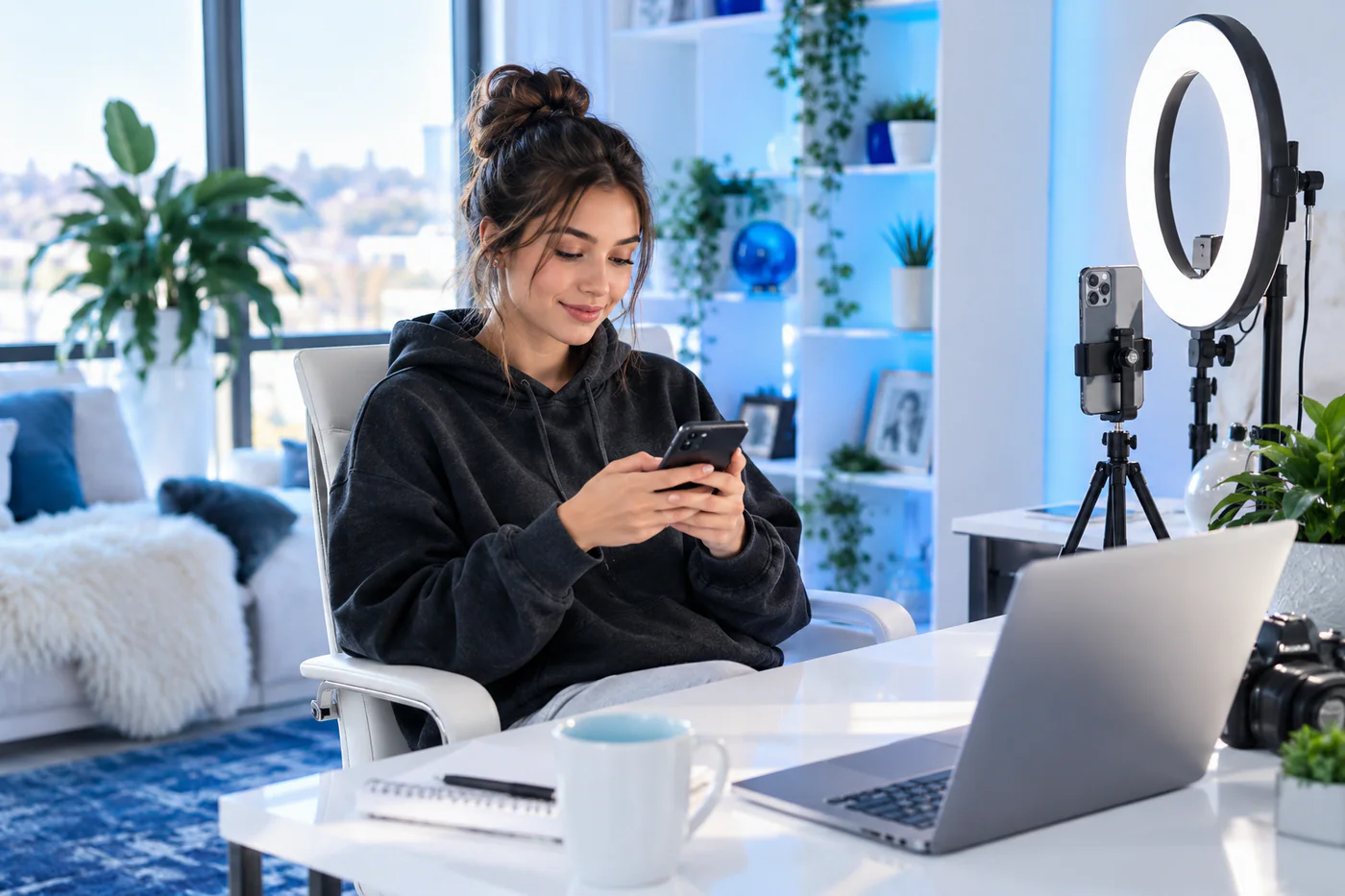 Creator in a hoodie reviewing a video next to a ring light