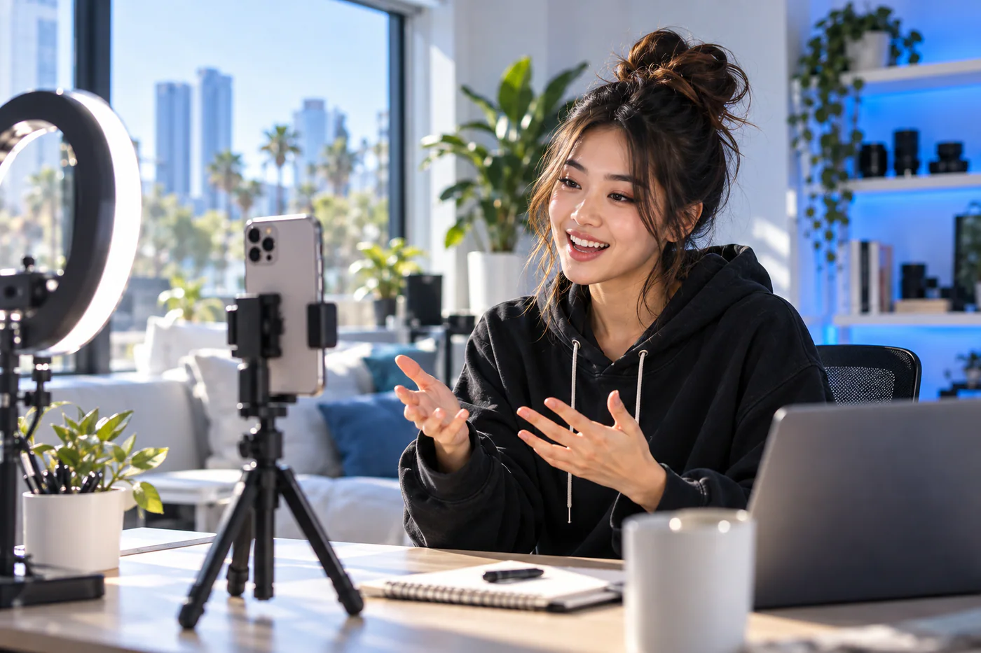 Creator talking to a phone camera under a ring light