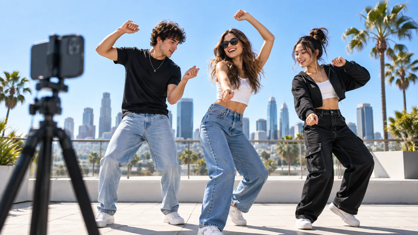 Three creators filming a dance routine on a rooftop