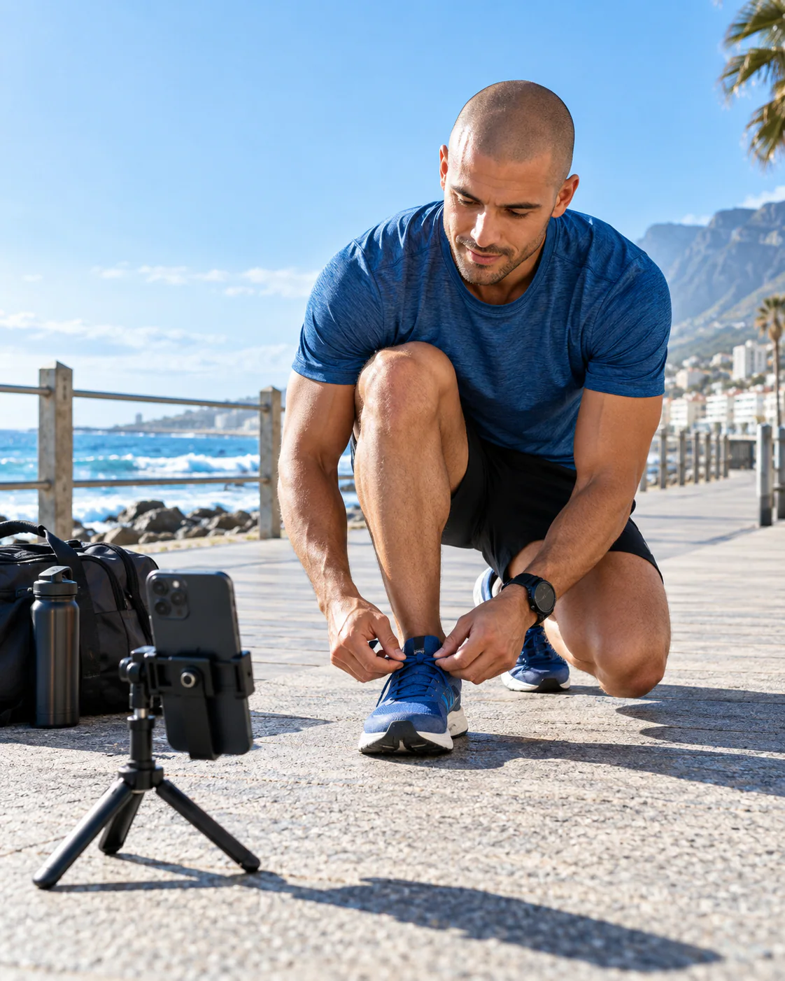 Runner filming a clip on a phone mini tripod