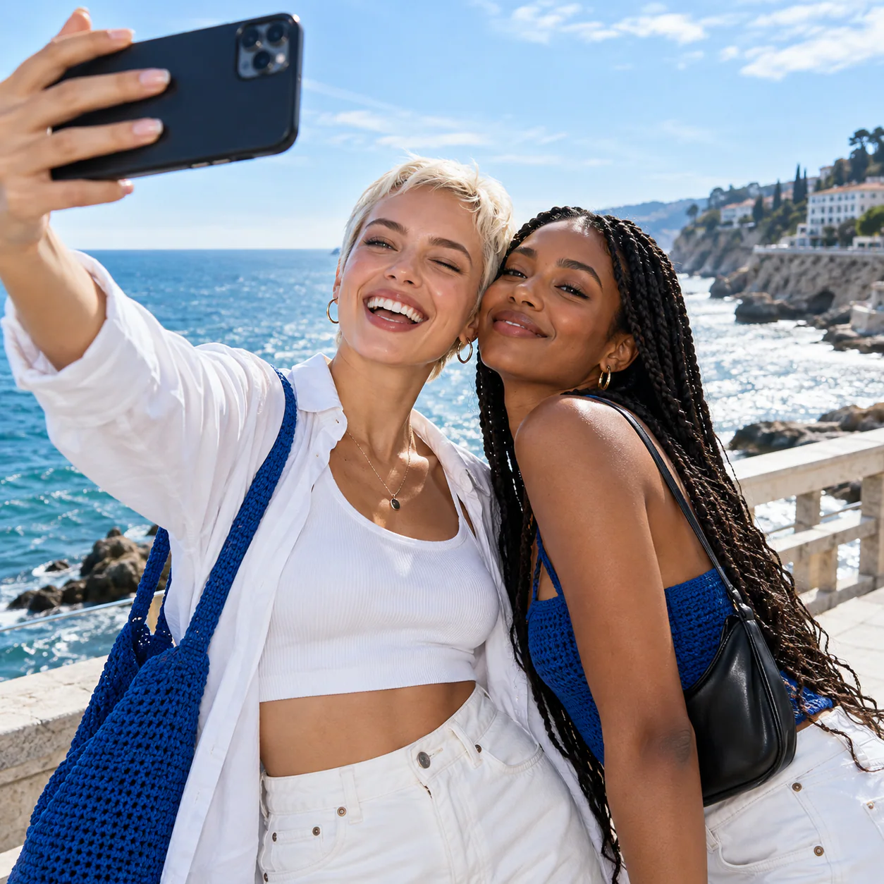 Two friends taking a selfie by the sea