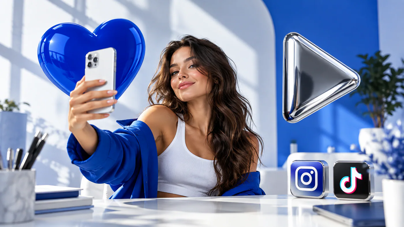 Creator taking a selfie beside a blue heart and a play icon
