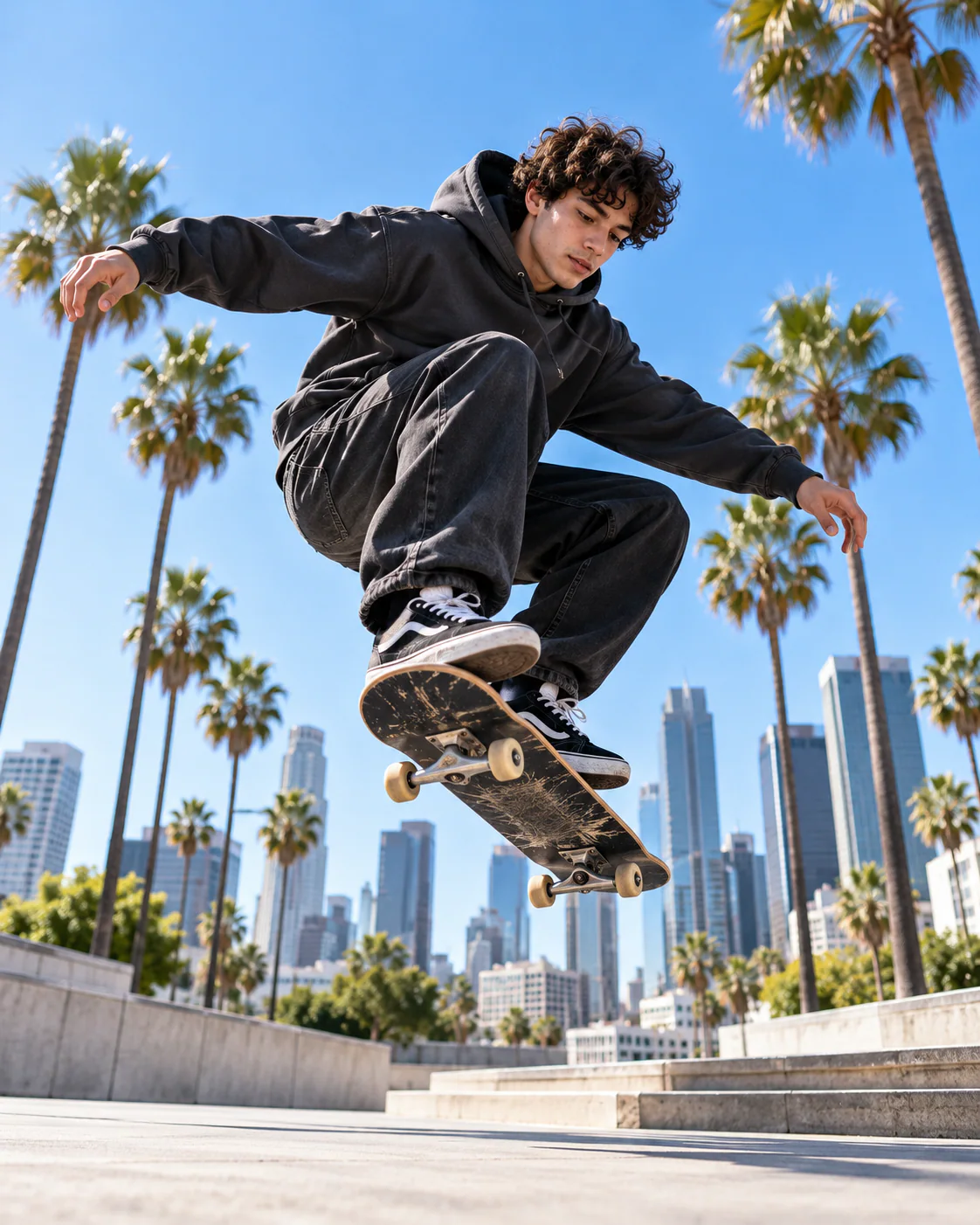 Skater filmed mid-trick between palm trees