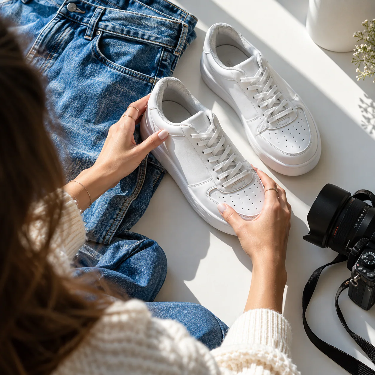 Creator styling sneakers for a product photo