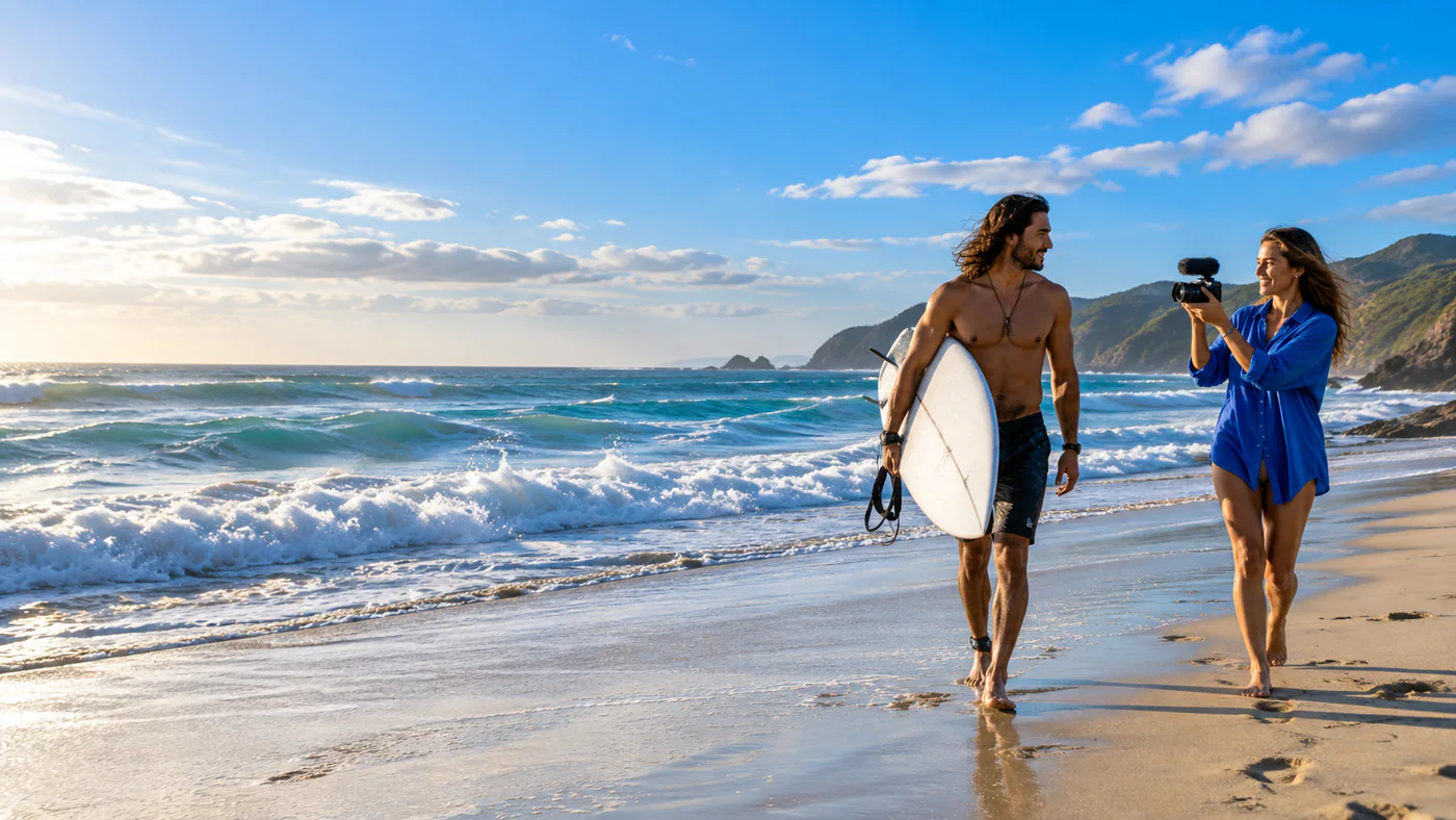 Surfer riding a wave at sunset