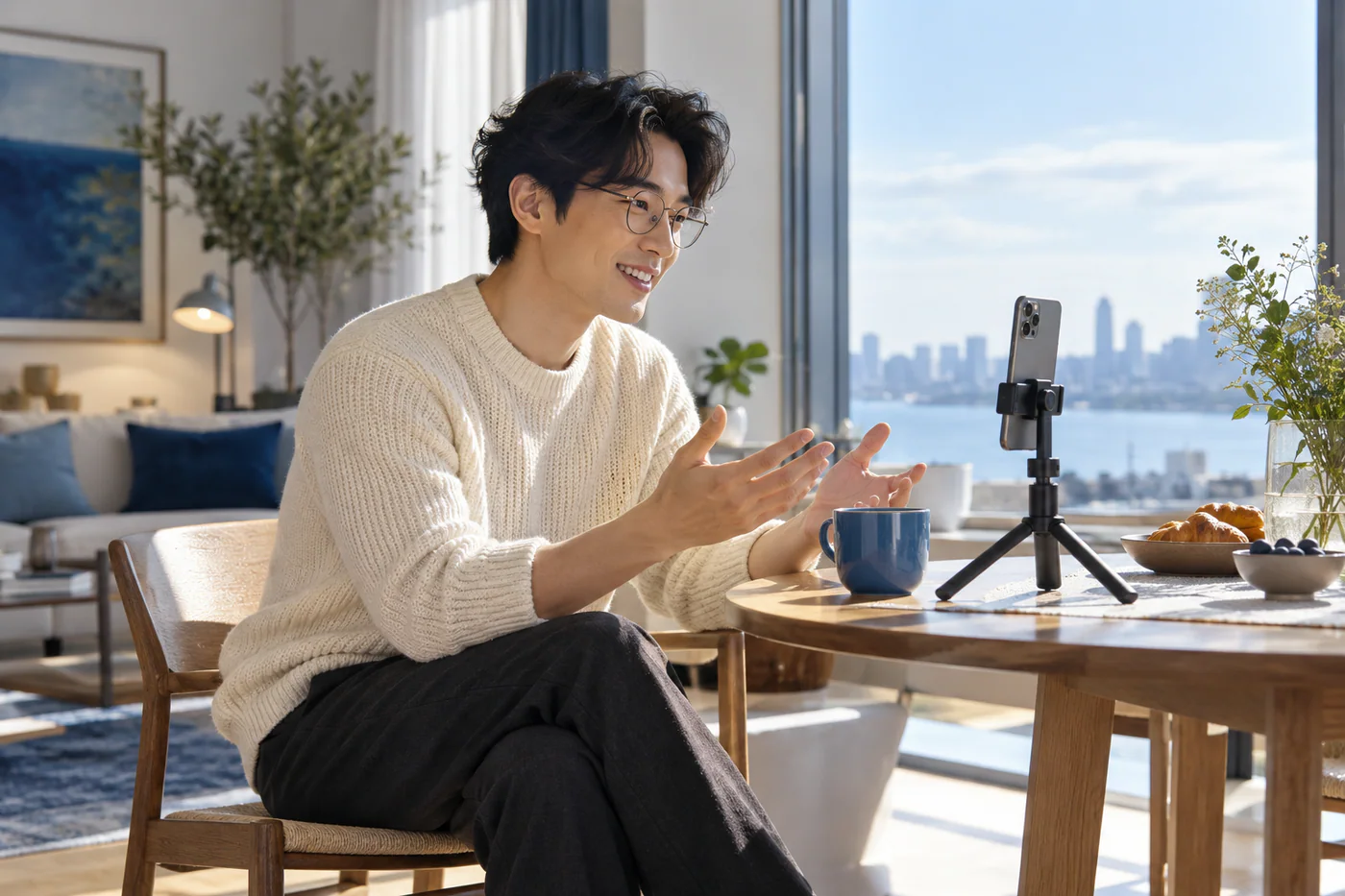 Creator recording a video to a phone on a tripod