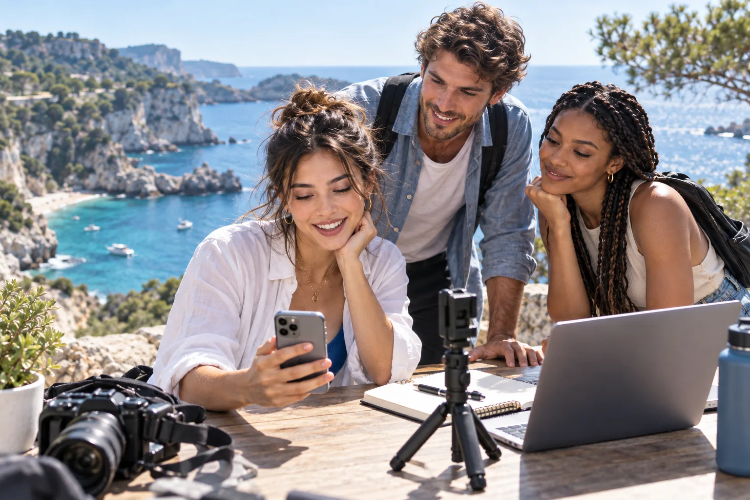 Three friends share a seaside table while checking a phone and laptop above the Mediterranean coast.