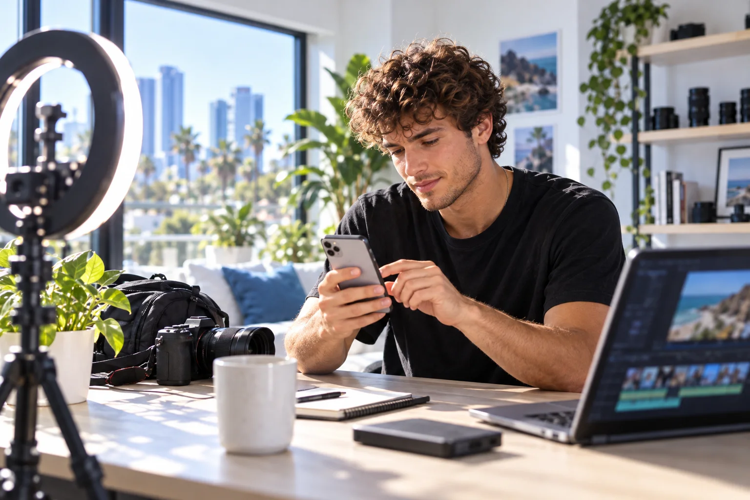 A young man checks his phone at a desk in a bright home office with a ring light and laptop.
