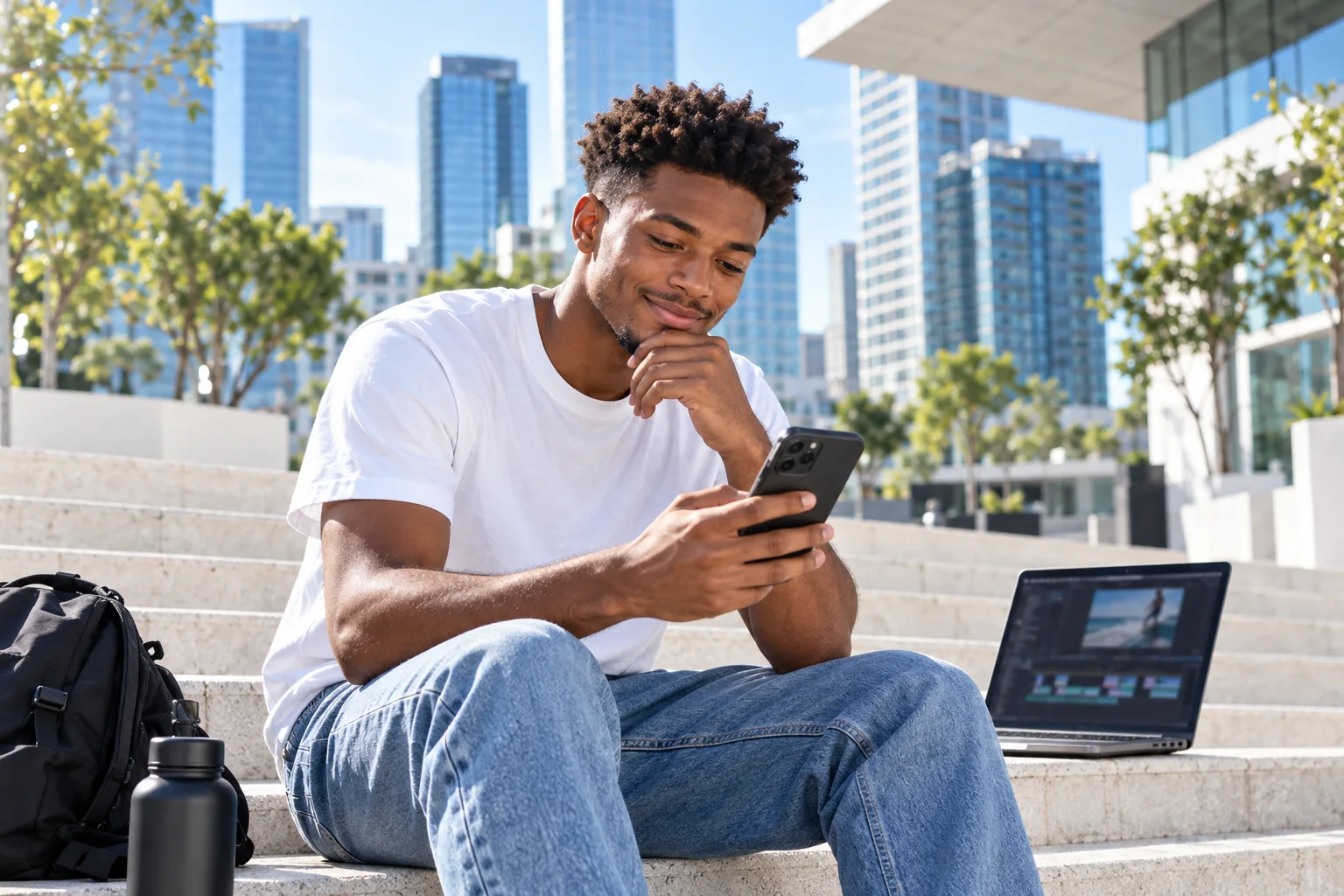 A man sits on outdoor city steps, checking his phone beside a laptop and backpack.