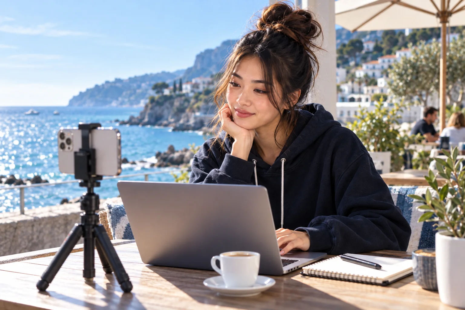A woman works on a laptop at a seaside cafe in a sunny coastal town.