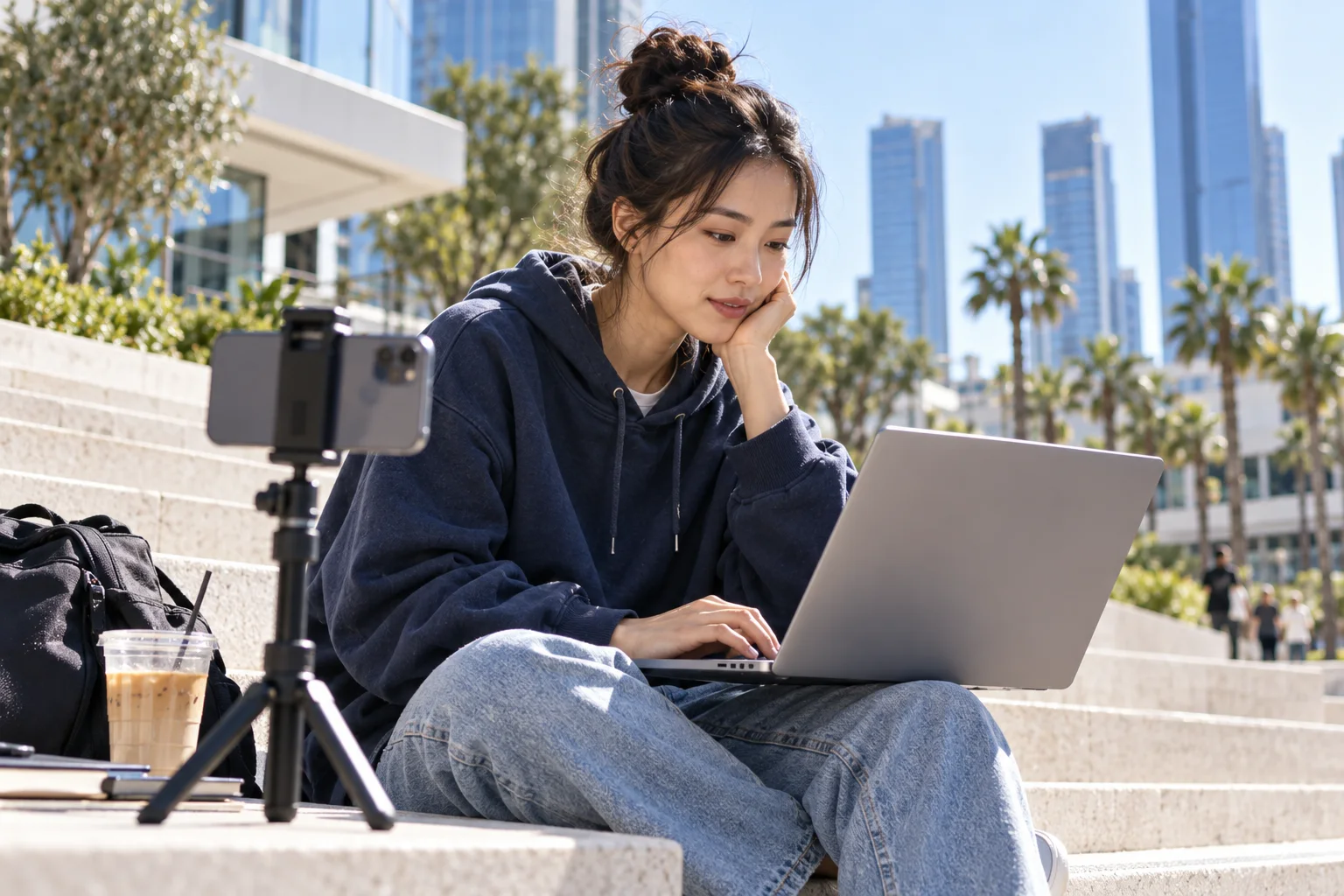 A woman sits on outdoor steps in a city plaza, working on a laptop beside a phone tripod.