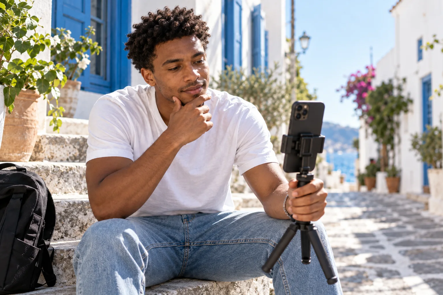 A man sits on sunlit stone steps in a Greek village, filming himself with a smartphone on a tripod.