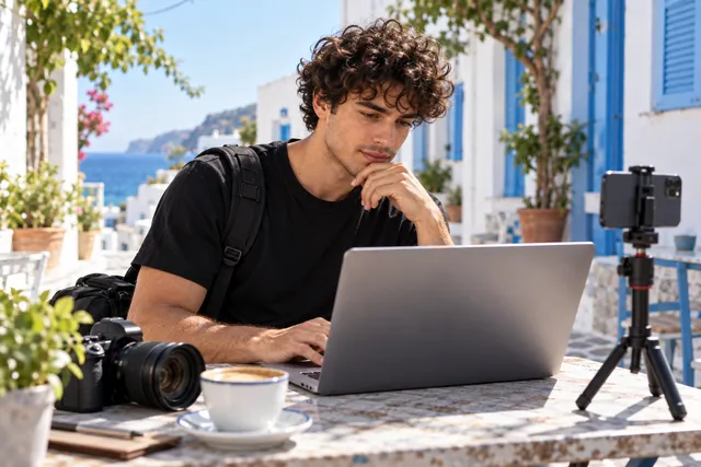 A man works on a laptop at a seaside café, with a camera and phone on a tripod beside him.