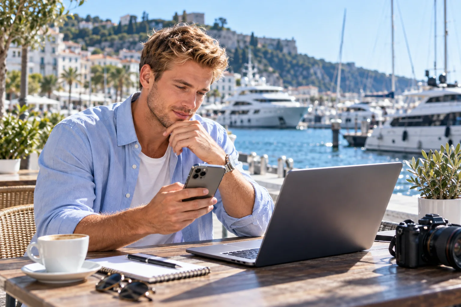 A man sits at an outdoor café by the marina, looking at his phone beside a laptop.