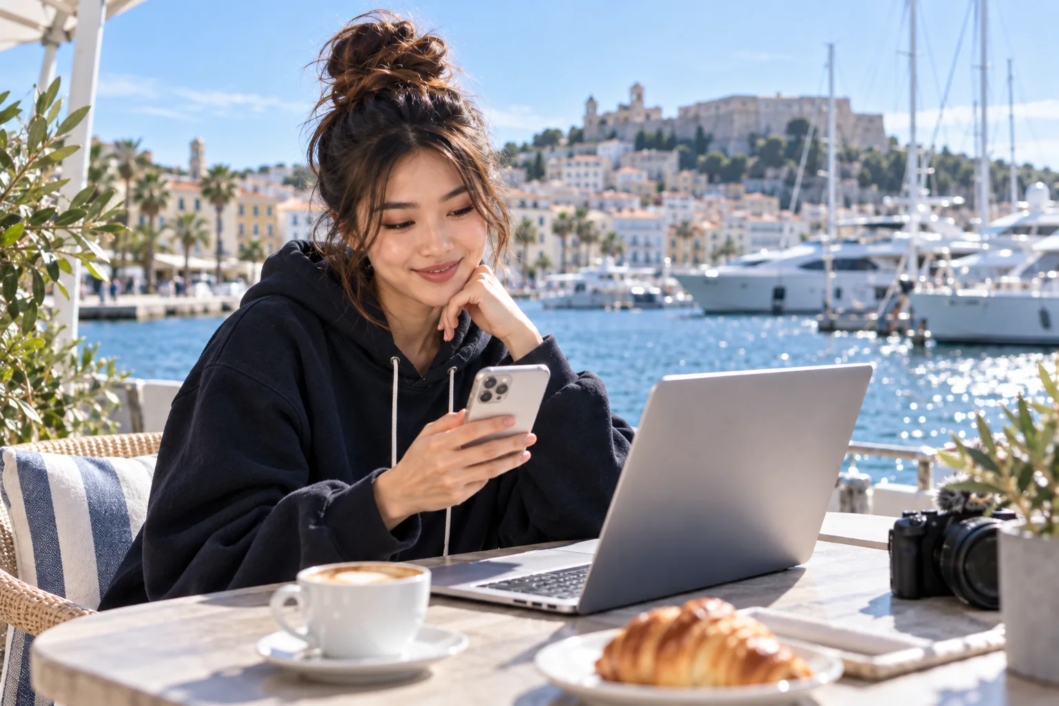 A woman checks her phone beside a laptop at a sunny marina café with yachts and hillside buildings.