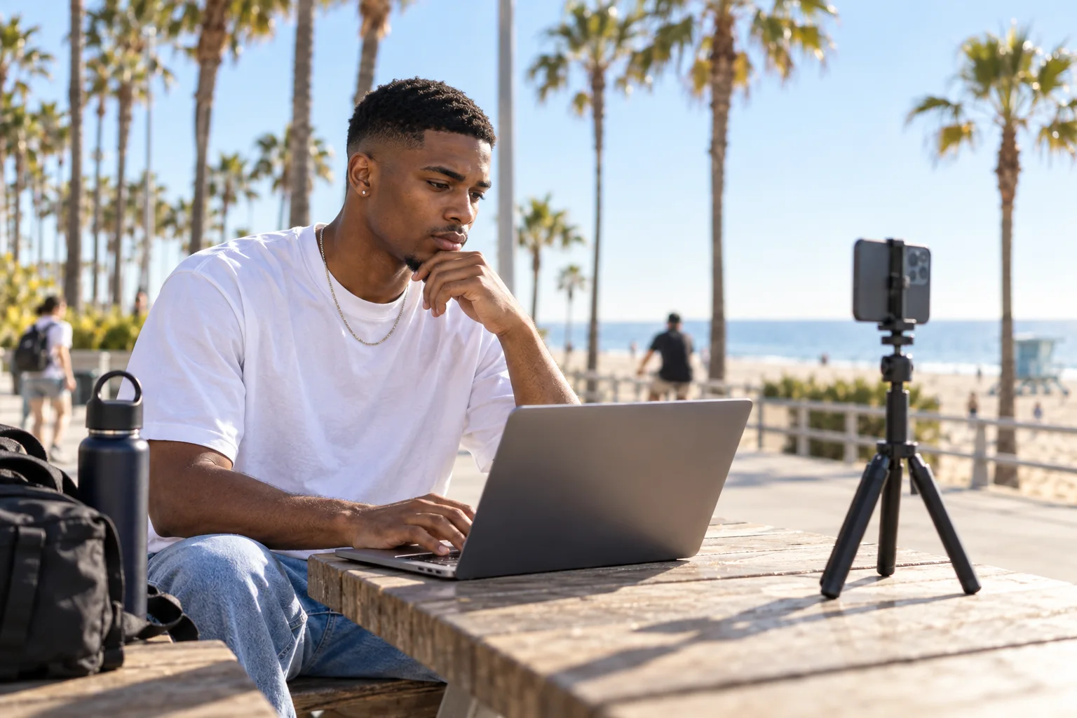 A man works on a laptop at a picnic table beside a beach, with a phone on a tripod nearby.