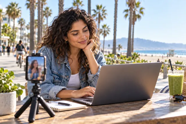 A woman works on her laptop while filming herself at an outdoor café by the beach.
