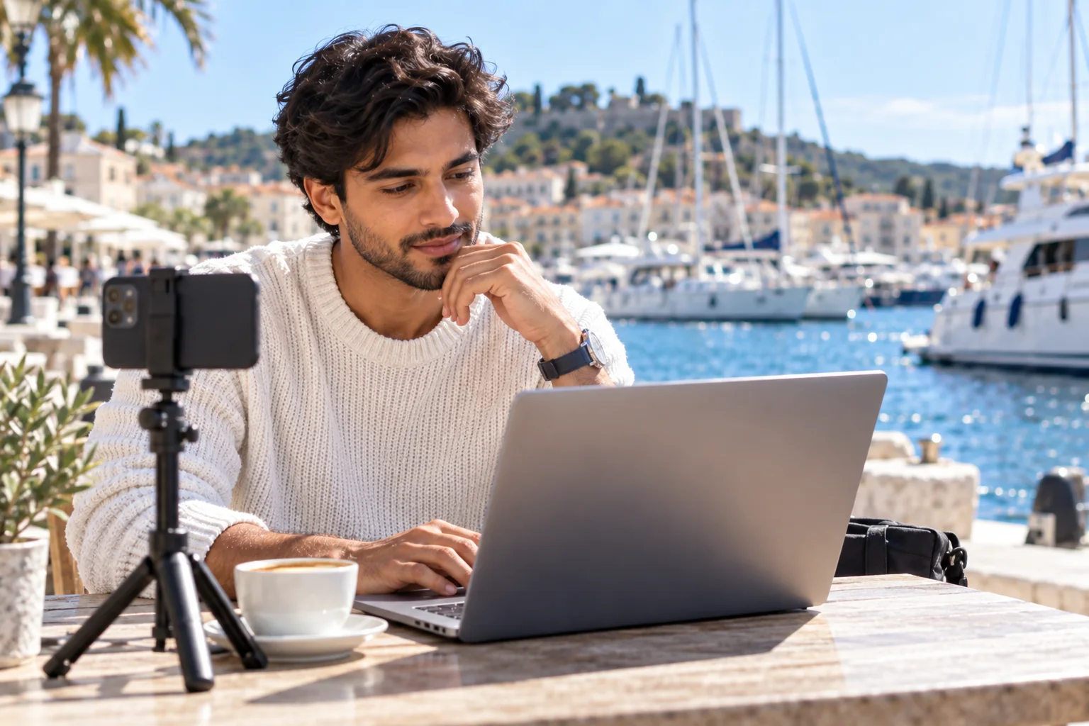 A man works on a laptop while filming at a marina café by the water.