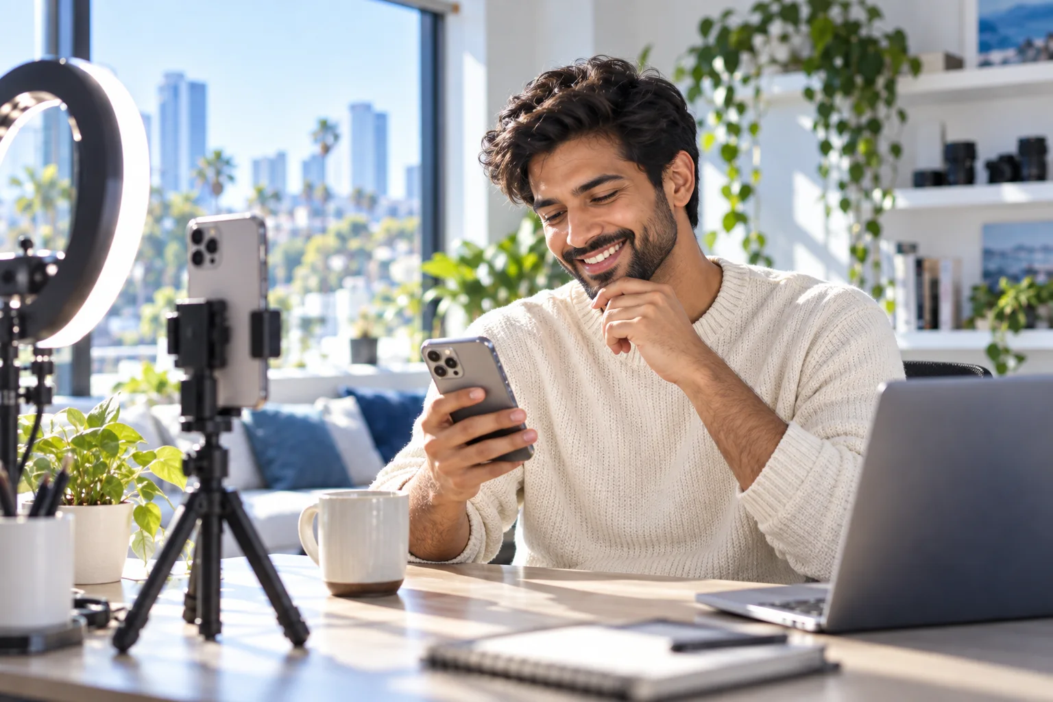 A smiling man checks his phone at a desk in a bright home office while filming with a ring light.
