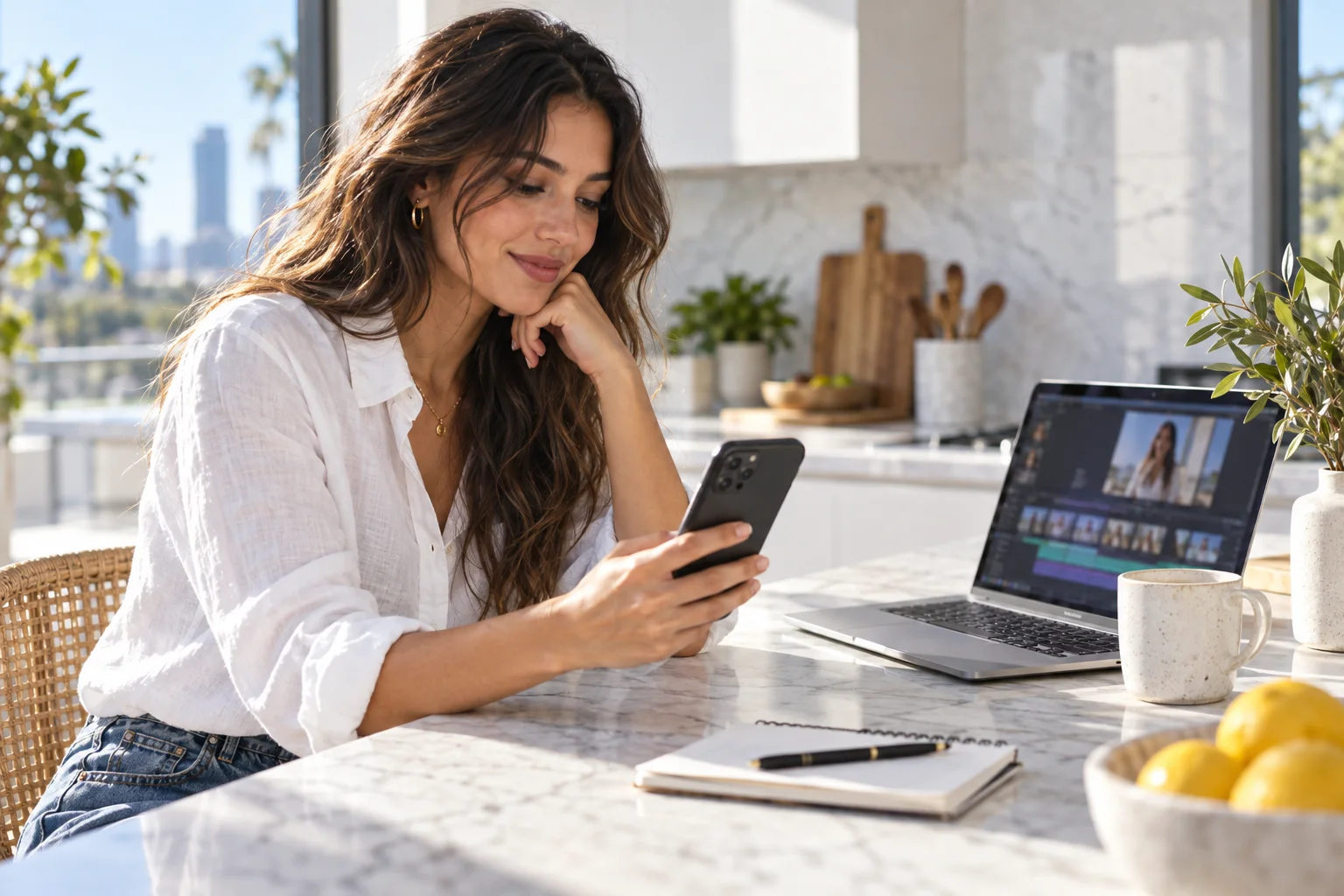 A woman checks her phone while editing video on a laptop in a bright kitchen.