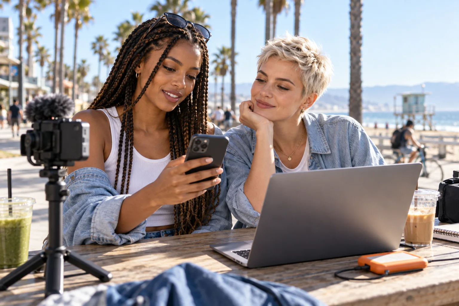 Two women sit at a beachside table, checking a phone and laptop while filming with a camera.